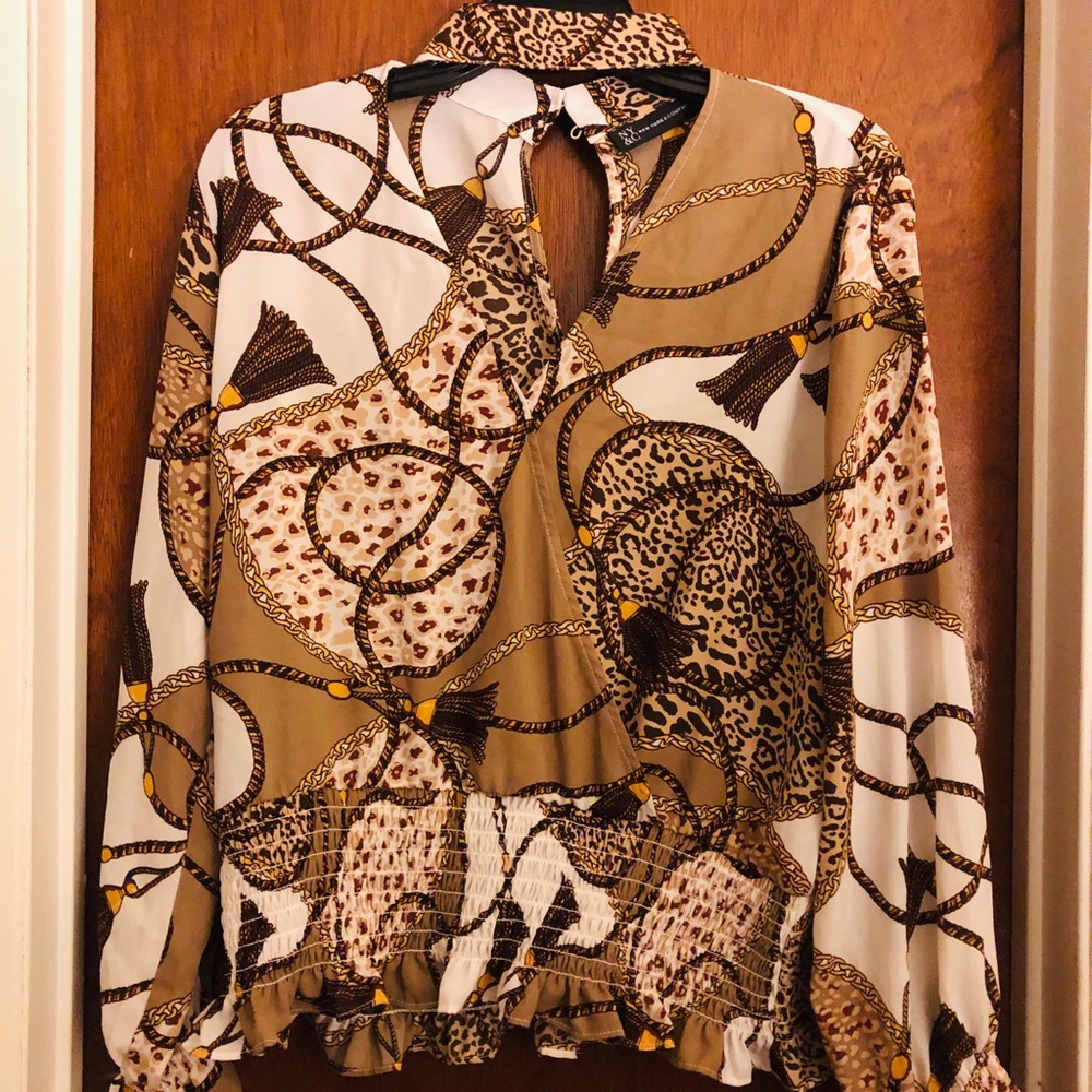 Animal Print Key Mock Neck Blouse